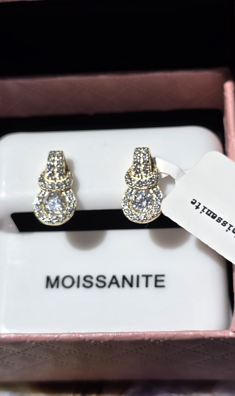 Elegant gold tone Moissanite Drop Earrings with Halo .86 CTW MSRP $399